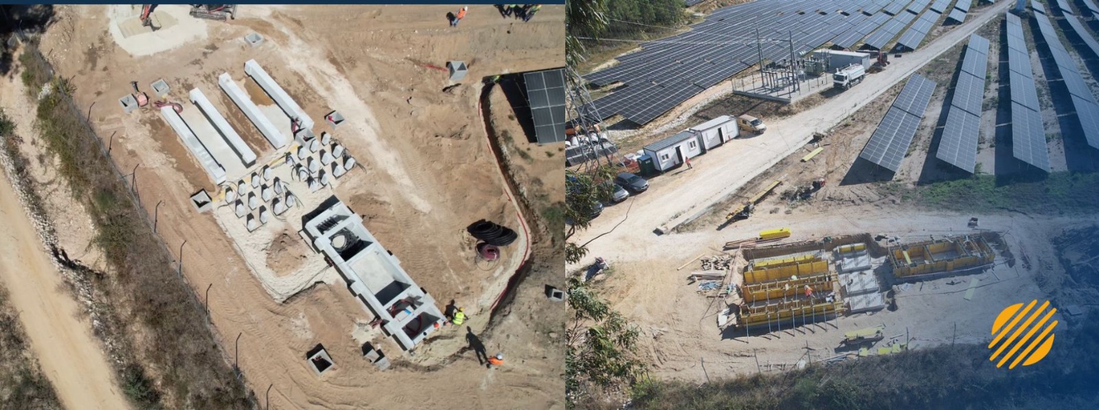 Composizione di vedute aeree dei lavori di ibridazione nel parco solare di Soure